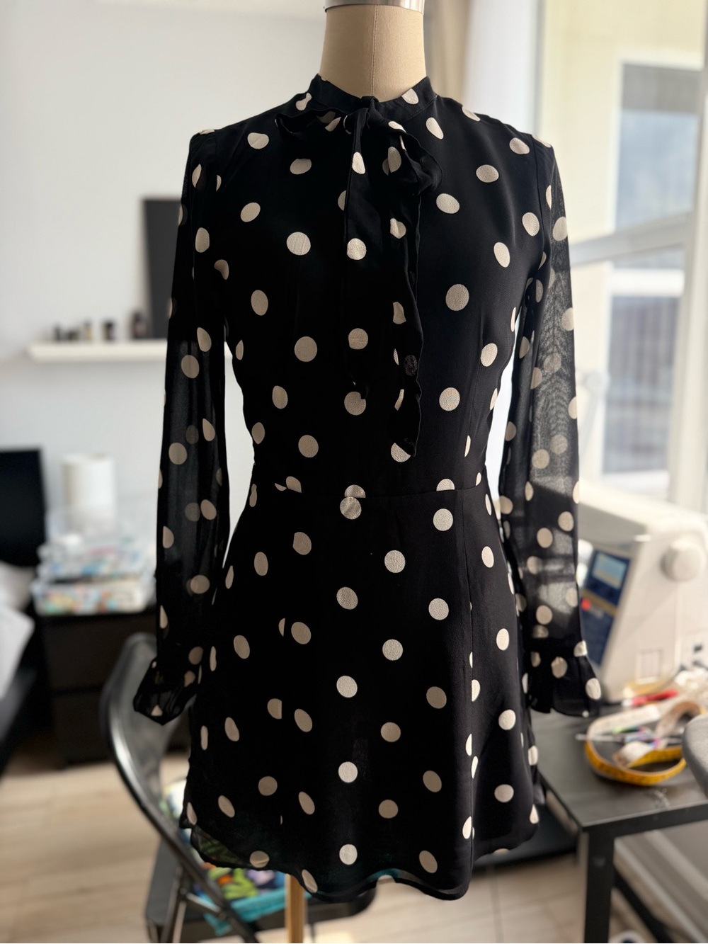 Reformation Black and White Polka Dot Tie-Neck Dress Size 2 - Picture 2 of 10